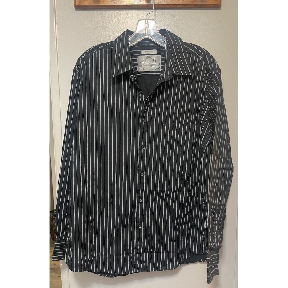 Bruno New York Stretch Dress Shirt Long Sleeve Black/White Pinstripe Men's Large